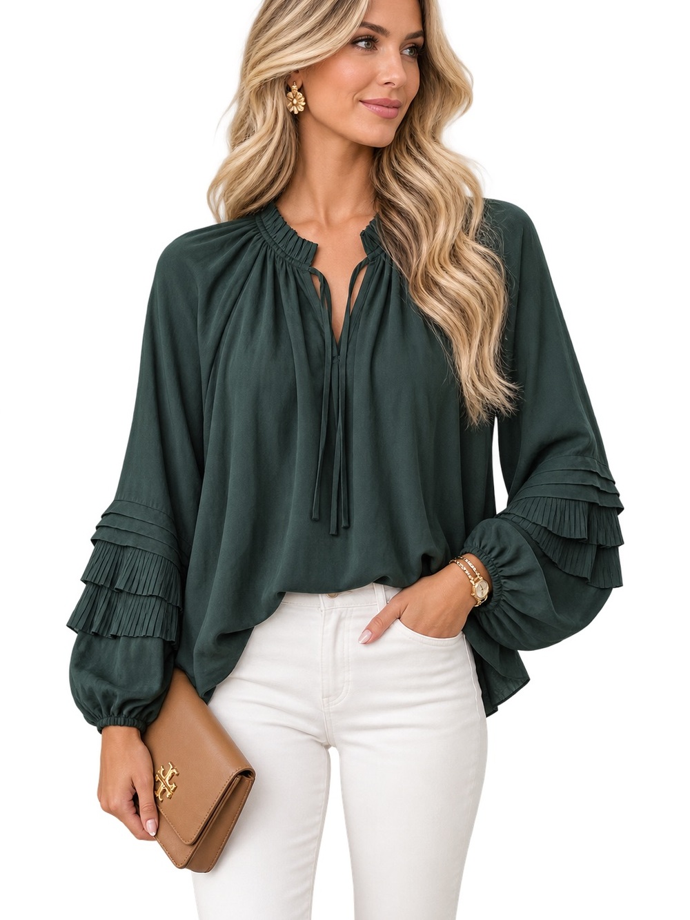 Gibson Latimer Forest Green Ruffle Sleeve Peasant Blouse size XL